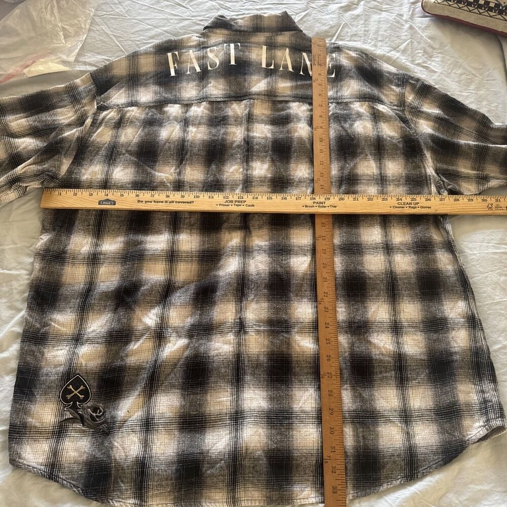 Plaid Flannel Shirt 3XL Embroidered Skull Rose Black White  Long Sleeve Nova Men - Picture 13 of 16